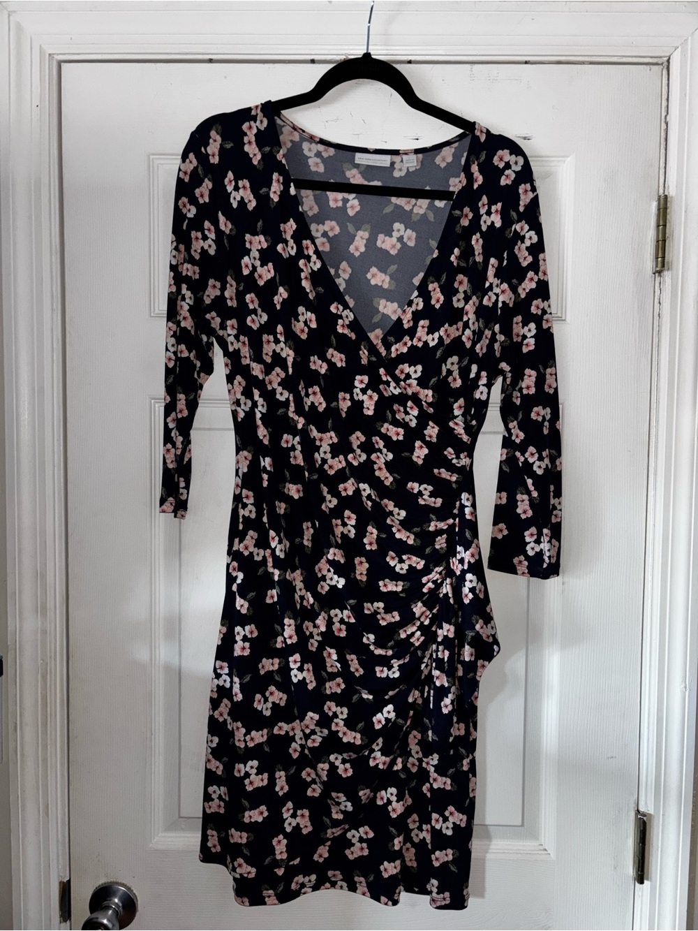 Women's Black Floral Wrap Dress with Pink Accent